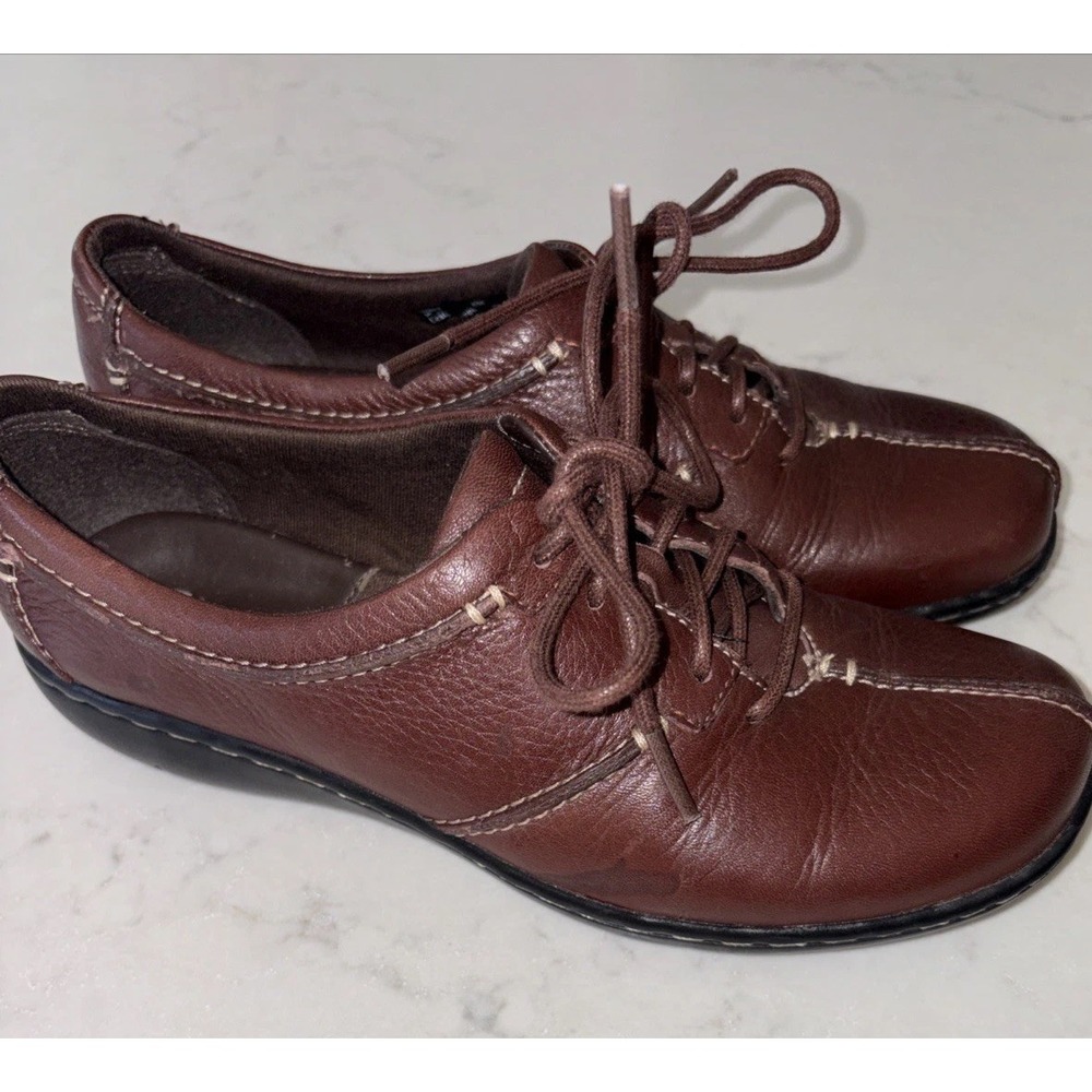 Clarks Bendables Womens 6 Shoes Brown Pebble Leather Lace Up 80647 Flat Shoe